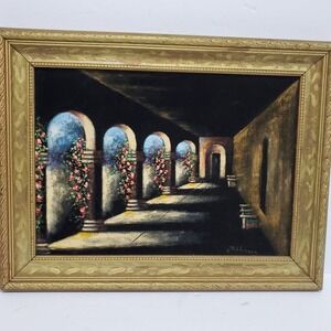 Wilkinson Velvet Painting Art Unisex 17x13 Gold Framed Vintage Mission Courtyard